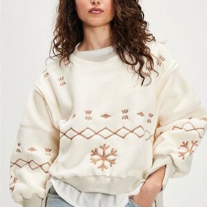 Free People Cream and Brown Crew Neck Sweater